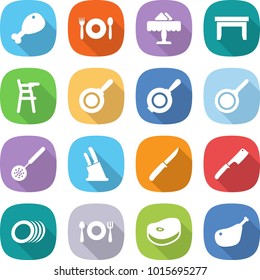 flat vector icon set - chicken leg vector, cafe, restaurant, table, Chair for babies, pan, skimmer, knife holder, chef, plates, fork spoon plate, steake