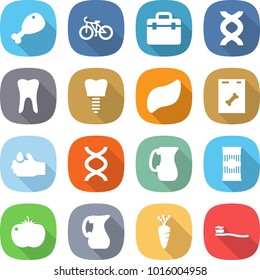 flat vector icon set - chicken leg vector, bike, doctor bag, dna, tooth, implant, liver, roentgen, acid, jug, pasta, tomato, carrot, brush