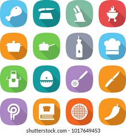 flat vector icon set - chicken leg vector, cutting board, stands for knives, bbq, pan, saute, vegetable oil, cook hat, apron, egg timer, skimmer, knife, elecric oven, cooking book, sieve, hot pepper