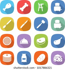 flat vector icon set - chicken leg vector, bone, Chair for babies, toaster, spatula, knife, meat hammer, sieve, meal cap, steake, pancakes, flour, potato, cheese