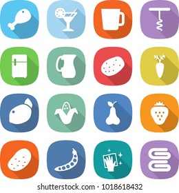 flat vector icon set - chicken leg vector, cocktail, cup, corkscrew, fridge, jug, potato, carrot, lemon, corn, pear, strawberry, peas, wiping, towel