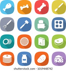 flat vector icon set - chicken leg vector, bone, spatula, big fork, meat hammer, toaster, hob, plates, sieve, cereals, steake, pancakes, flour, potato, cheese