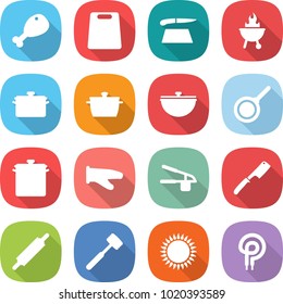 flat vector icon set - chicken leg vector, cutting board, bbq, pan, cauldron, cook glove, garlic clasp, chef knife, rolling pin, meat hammer, gas oven, elecric