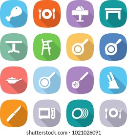 flat vector icon set - chicken leg vector, cafe, restaurant, table, Chair for babies, pan, skimmer, knife holder, microwave oven, plates, fork spoon plate