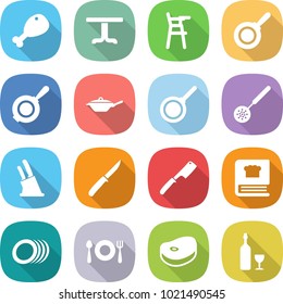 flat vector icon set - chicken leg vector, table, Chair for babies, pan, skimmer, knife holder, chef, cooking book, plates, fork spoon plate, steake, wine