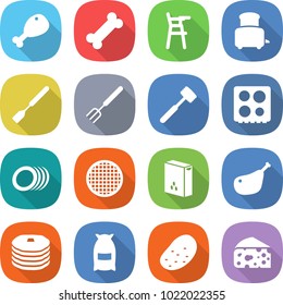 flat vector icon set - chicken leg vector, bone, Chair for babies, toaster, spatula, big fork, meat hammer, hob, plates, sieve, cereals, pancakes, flour, potato, cheese