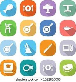 flat vector icon set - chicken leg vector, cafe, restaurant, table, Chair for babies, pan, knife holder, microwave oven, cooking book, plates, fork spoon plate, steake