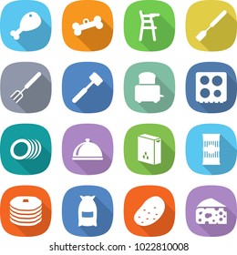 flat vector icon set - chicken leg vector, bone, Chair for babies, spatula, big fork, meat hammer, toaster, hob, plates, meal cap, cereals, pasta, pancakes, flour, potato, cheese
