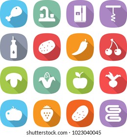 flat vector icon set - chicken leg vector, water tap, fridge, corkscrew, vegetable oil, potato, hot pepper, cherry, mushroom, corn, apple, beet, tomato, strawberry, towel