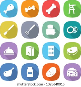 flat vector icon set - chicken leg vector, bone, Chair for babies, spatula, big fork, toaster, plates, meal cap, cereals, pasta, steake, flour, potato, cheese