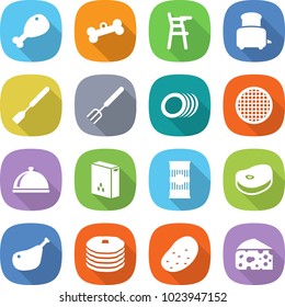 flat vector icon set - chicken leg vector, bone, Chair for babies, toaster, spatula, big fork, plates, sieve, meal cap, cereals, pasta, steake, pancakes, potato, cheese