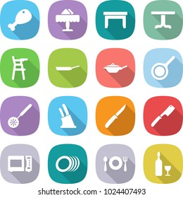 flat vector icon set - chicken leg vector, restaurant, table, Chair for babies, pan, skimmer, knife holder, chef, microwave oven, plates, fork spoon plate, wine