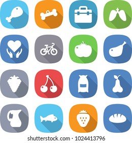 flat vector icon set - chicken leg vector, bone, doctor bag, lungs, health care, bike, tomato, berry, cherry, flour, pear, jug, fish, strawberry, bread