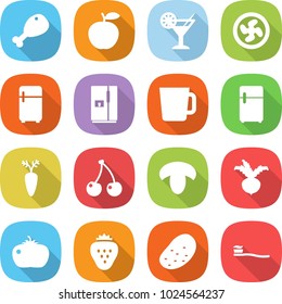 flat vector icon set - chicken leg vector, apple, cocktail, cooler fan, fridge, cup, carrot, cherry, mushroom, beet, tomato, strawberry, potato, tooth brush
