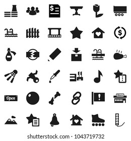 Flat vector icon set - chicken leg vector, pencil, bell, music, exchange, annual report, fitball, roller Skates, shuttlecock, pool, attention, satellite, truck trailer, tulip, package, film frame