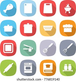 flat vector icon set - chicken leg vector, cutting board, bbq, pan, colander, chief hat, garlic clasp, whisk, big fork, rolling pin, oven, cooking book, salt pepper