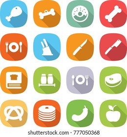 flat vector icon set - chicken leg vector, bone, donut, cafe, knife holder, chef, cooking book, salt pepper, fork spoon plate, steake, pretzel, pancakes, eggplant, apple