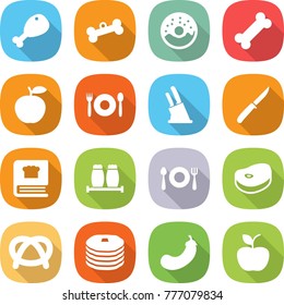 flat vector icon set - chicken leg vector, bone, donut, apple, cafe, knife holder, cooking book, salt pepper, fork spoon plate, steake, pretzel, pancakes, eggplant