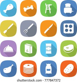 flat vector icon set - chicken leg vector, bone, Chair for babies, toaster, spatula, big fork, knife, hob, meal cap, cereals, pasta, steake, pancakes, flour, potato