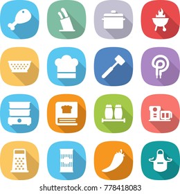 flat vector icon set - chicken leg vector, stands for knives, pan, bbq, colander, cook hat, meat hammer, elecric oven, double boiler, cooking book, salt pepper, food processor, grater, pasta, hot
