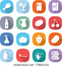 flat vector icon set - chicken leg vector, cocktail, fridge, vegetable oil, jug, potato, cherry, pear, tomato, strawberry, shampoo, tooth brush, wiping, towel