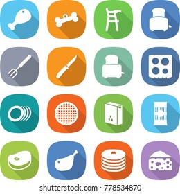 flat vector icon set - chicken leg vector, bone, Chair for babies, toaster, big fork, knife, hob, plates, sieve, cereals, pasta, steake, pancakes, cheese
