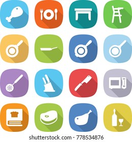 flat vector icon set - chicken leg vector, cafe, table, Chair for babies, pan, skimmer, knife holder, chef, microwave oven, cooking book, steake, wine