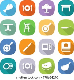 flat vector icon set - chicken leg vector, cafe, restaurant, table, Chair for babies, pan, knife, microwave oven, cooking book, plates, fork spoon plate, steake