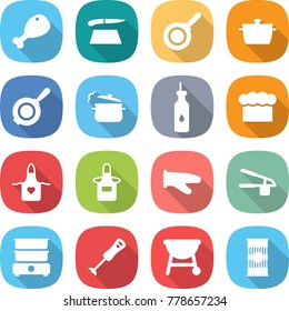 flat vector icon set - chicken leg vector, cutting board, pan, steam, vegetable oil, chief hat, apron, cook glove, garlic clasp, double boiler, blender, bbq, pasta