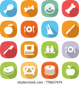 flat vector icon set - chicken leg vector, bone, donut, apple, cafe, knife holder, chef, cooking book, salt pepper, fork spoon plate, steake, pretzel, pancakes