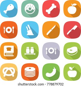 flat vector icon set - chicken leg vector, donut, bone, apple, cafe, knife holder, chef, cooking book, salt pepper, fork spoon plate, steak, pretzel, pancakes, eggplant