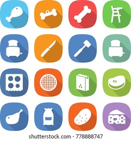 flat vector icon set - chicken leg vector, bone, Chair for babies, toaster, knife, meat hammer, hob, sieve, cereals, steake, flour, potato, cheese