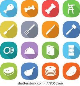 flat vector icon set - chicken leg vector, bone, Chair for babies, spatula, big fork, knife, meat hammer, plates, meal cap, cereals, pasta, steake, pancakes, potato