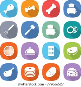 flat vector icon set - chicken leg vector, bone, toaster, big fork, meat hammer, plates, sieve, meal cap, pasta, steake, pancakes, potato, cheese