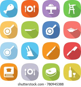 flat vector icon set - chicken leg vector, cafe, restaurant, Chair for babies, pan, knife holder, chef, cooking book, fork spoon plate, steake, wine