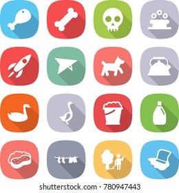 flat vector icon set - chicken leg vector, bone, skull, flower bed, rocket, deltaplane, dog, kettle, goose, foam bucket, cleanser, sponge with, drying clothes, garden cleaning, floor washing