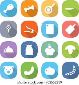 flat vector icon set - chicken leg vector, bone, pan, handle scales, walnut crack, cutting board, meal cap, flour, cupcake, mushroom, pig, eggplant, tomato, peas