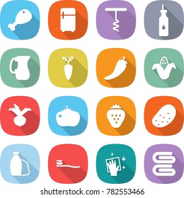 flat vector icon set - chicken leg vector, fridge, corkscrew, vegetable oil, jug, carrot, hot pepper, corn, beet, tomato, strawberry, potato, shampoo, tooth brush, wiping, towel