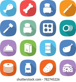 flat vector icon set - chicken leg vector, bone, toaster, knife, meat hammer, hob, plates, meal cap, cereals, pasta, pancakes, flour, potato, cheese