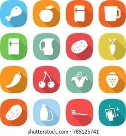 flat vector icon set - chicken leg vector, apple, fridge, cup, jug, potato, carrot, hot pepper, cherry, corn, strawberry, shampoo, tooth brush, wiping