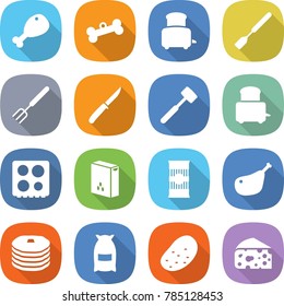 flat vector icon set - chicken leg vector, bone, toaster, spatula, big fork, knife, meat hammer, hob, cereals, pasta, pancakes, flour, potato, cheese