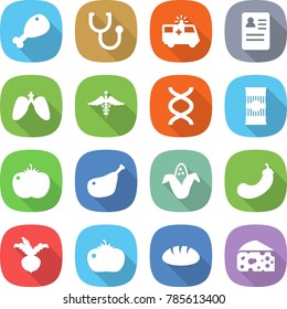 flat vector icon set - chicken leg vector, stethoscope, ambulance car, anamnesis, lungs, sign, dna, pasta, tomato, corn, eggplant, beet, bread, cheese
