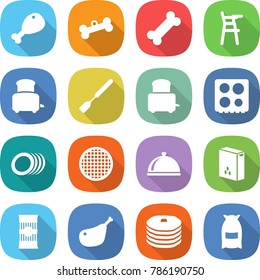 flat vector icon set - chicken leg vector, bone, Chair for babies, toaster, spatula, hob, plates, sieve, meal cap, cereals, pasta, pancakes, flour