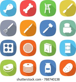 flat vector icon set - chicken leg vector, bone, Chair for babies, spatula, big fork, knife, meat hammer, toaster, hob, sieve, cereals, pasta, steake, pancakes, flour, potato