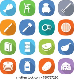 flat vector icon set - chicken leg vector, Chair for babies, toaster, big fork, knife, meat hammer, plates, sieve, cereals, pasta, steake, pancakes, flour, potato, cheese