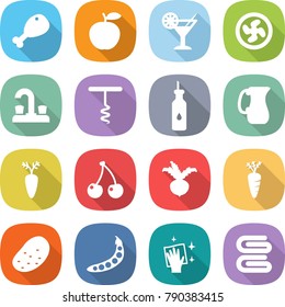 flat vector icon set - chicken leg vector, apple, cocktail, cooler fan, water tap, corkscrew, vegetable oil, jug, carrot, cherry, beet, potato, peas, wiping, towel