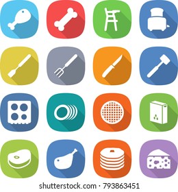 flat vector icon set - chicken leg vector, bone, Chair for babies, toaster, spatula, big fork, knife, meat hammer, plates, sieve, cereals, steak, pancakes, cheese