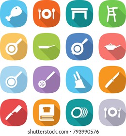 flat vector icon set - chicken leg vector, cafe, table, Chair for babies, pan, skimmer, knife holder, chef, cooking book, plates, fork spoon plate