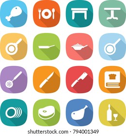 flat vector icon set - chicken leg vector, cafe, table, pan, skimmer, knife, chef, cooking book, plates, steake, wine