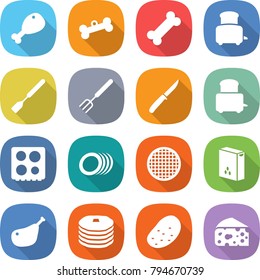 flat vector icon set - chicken leg vector, bone, toaster, spatula, big fork, knife, hob, plates, sieve, cereals, pancakes, potato, cheese